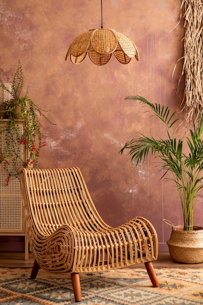 Stylish boho vintage dining room interior with rattan armachair carpet commode and plants Brown wall and rattan lamp Home decor Template