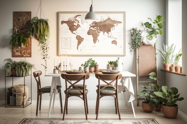 Stylish and botany interior of dining room Illustration AI Generative