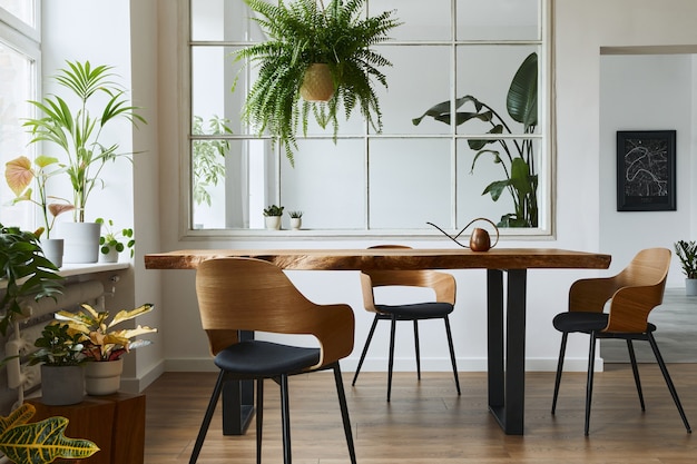 Stylish and botany interior of dining room with design craft wooden table, chairs, a lof of plants, window, poster map and elegant accessories in modern home decor. Template.