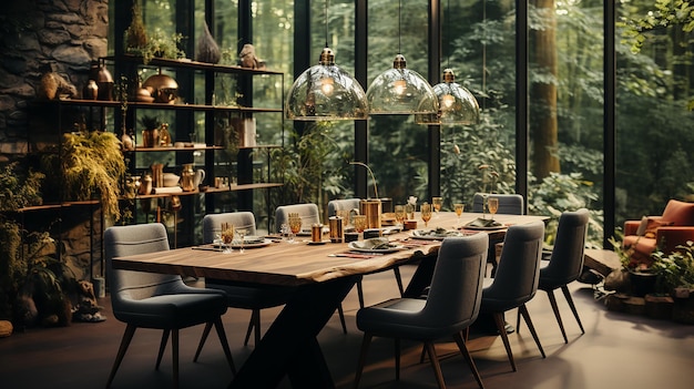 디자인 크래프트 목조 테이블 의자 많은 식물과 함께 식당의 세련된 식물 인테리어