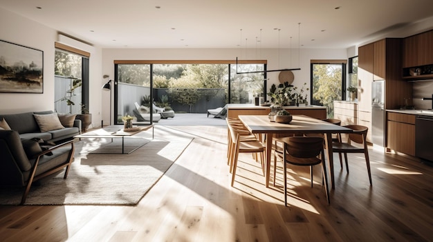 Stylish and botany interior of dining room with design craft wooden table