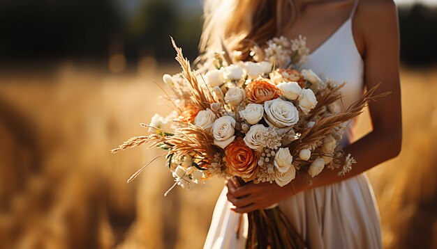 Photo stylish bride bouquet elegant a beautiful wedding bouquet with orange roses in bride's hands woman