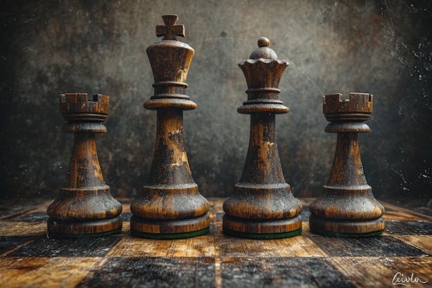 スタイリッシュな茶色のチェスがチェス盤の上に立つデザイン作品