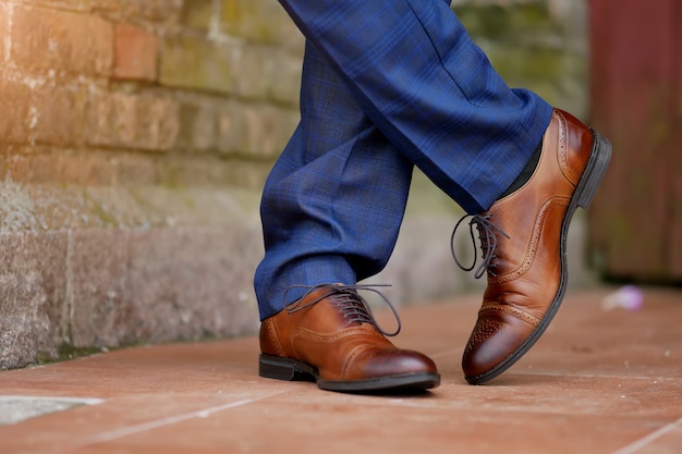 Stylish brown men's shoes close-up