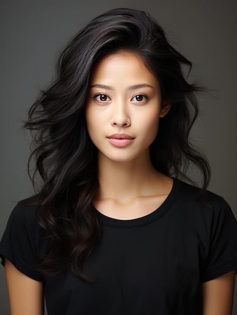 Stylish brunette asian girl wearing black tshirt posing on studio simple clothing style photograp