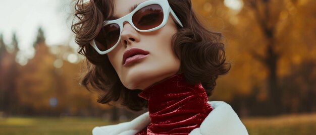 A Stylish Brunette Woman Rocks Retro Vibes With Her Whiterimmed Sunglasses