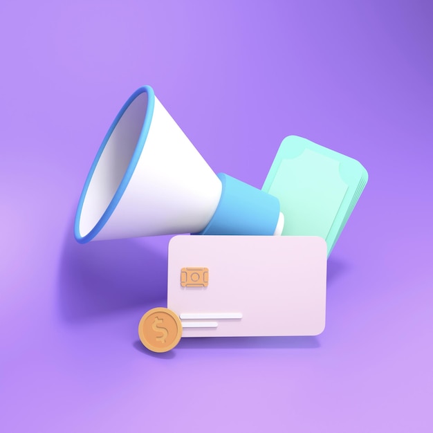 Stylish bullhorn with money and a bank card on a purple background. Financial well-being concept. 3d render illustration.