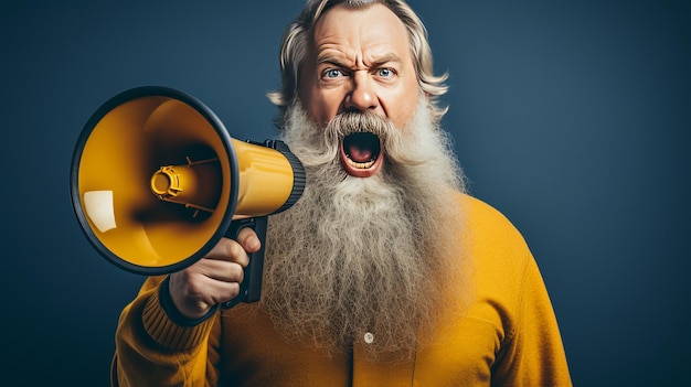 Stylish businessman expressing his voice through a megaphone in a vibrant fashion studio setting