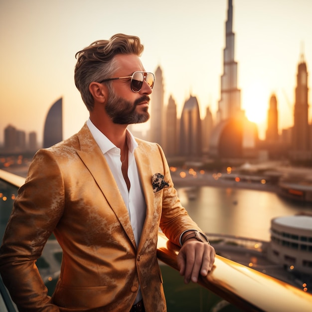 Стильный бизнесмен стоит на фоне горизонта Дубая во время заката.