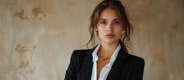Photo stylish businesswoman in black jacket and white shirt