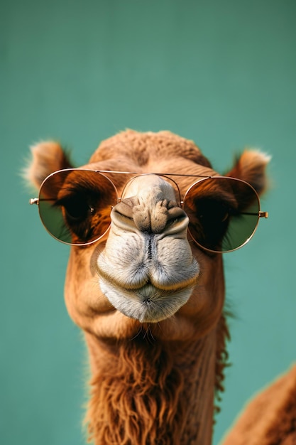 Stylish camel with sunglasses turquoise background