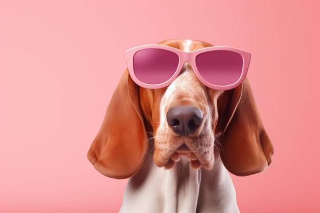 A Stylish Canine Sporting Pink Sunglasses on a Vibrant Pink Background