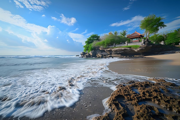 Photo stylish capture of beach on rocky island with waves