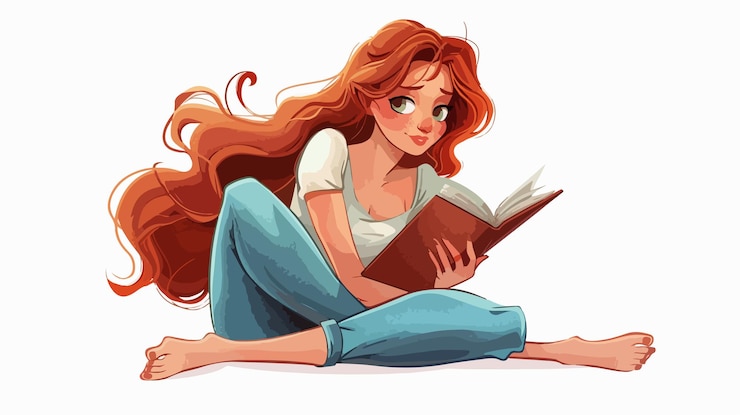 Photo stylish cartoon vector illustration of beautiful girl reading a book