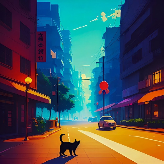 Photo stylish cat character in street illustration