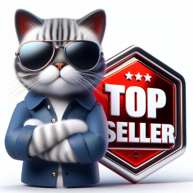 Stylish cat character in sunglasses and a smart suit confidently posing next to a gleaming top seller badge with a star rating in digital illustration