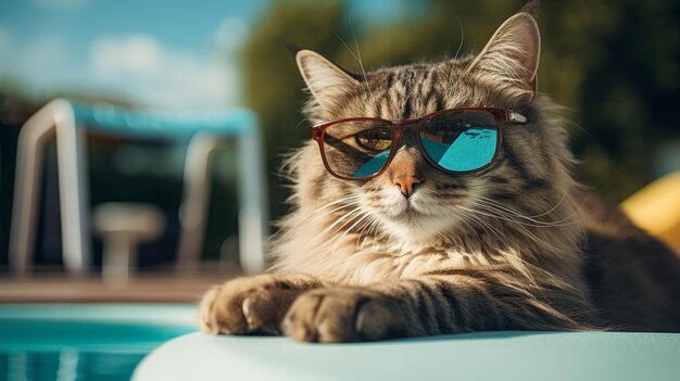 Stylish cat in sunglasses in the pool