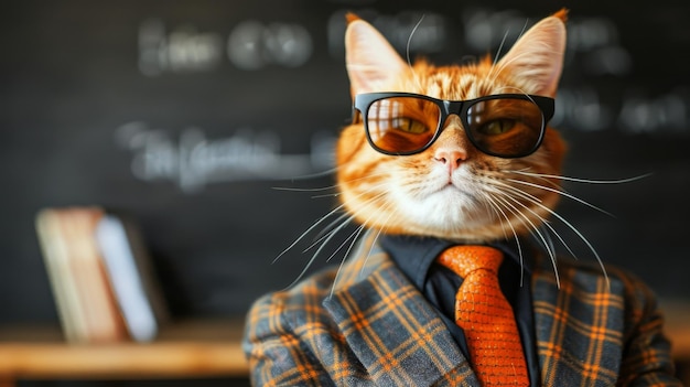 Photo stylish cat in sunglasses and suit with tie on blurred background space for text