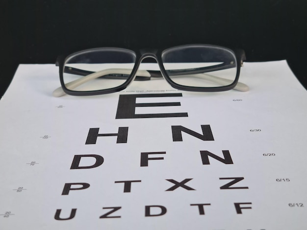 Stylish children's glasses on a visual testing chart isolated on black Vision and treatment