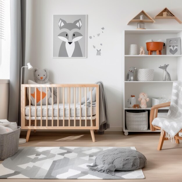 A stylish children's room with a gray and white color scheme a wooden crib with a gray crib sheet