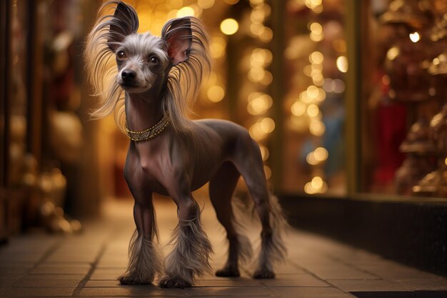 Stylish Chinese Crested dog in store Full length portrait