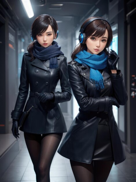 ヘッドフォンと黒いジャケットを着たスタイリッシュな中国人女性
