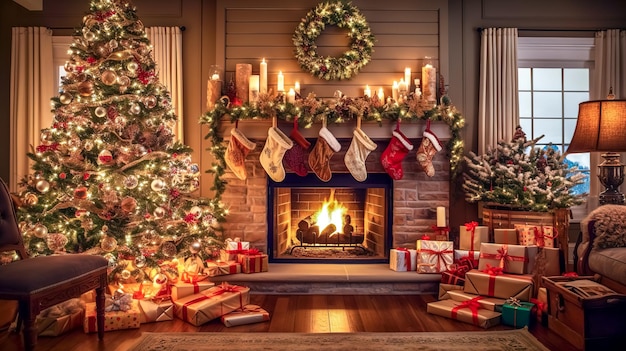 Stylish Christmas interior with decorated tree gifts and fireplace made with Generative AI