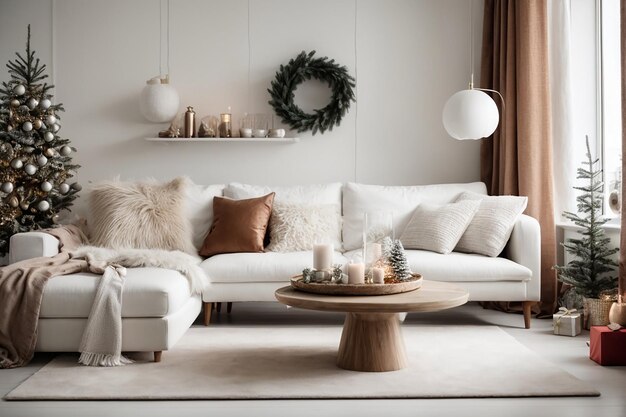 Photo stylish christmas scandinavian minimalistic interior with white decor