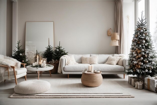 Photo stylish christmas scandinavian minimalistic interior with white decor