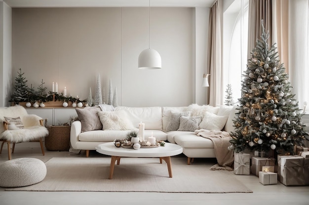 Photo stylish christmas scandinavian minimalistic interior with white decor