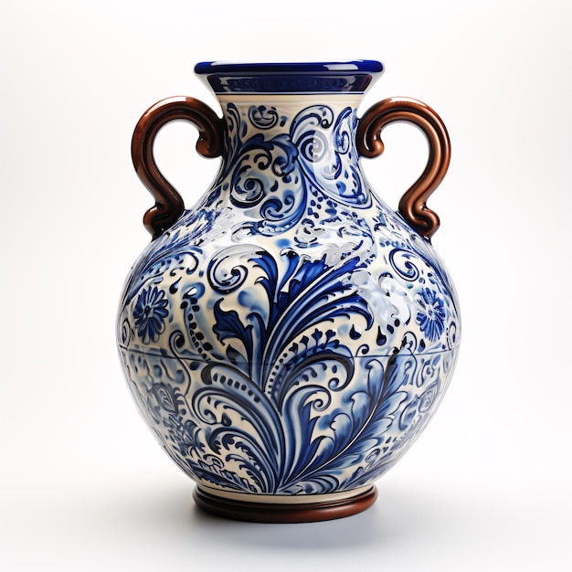 Стильная глиняная ваза на белом фоне