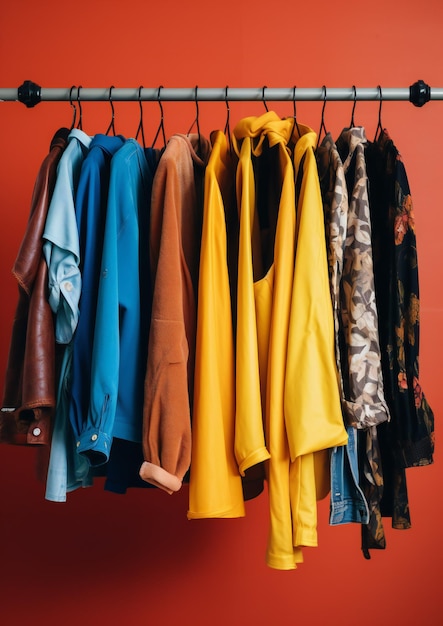 Stylish clothes garments on a rack