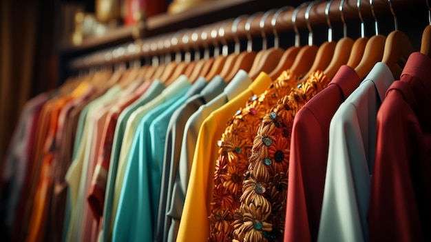 Photo stylish clothes on hangers in the boutique of fashion store