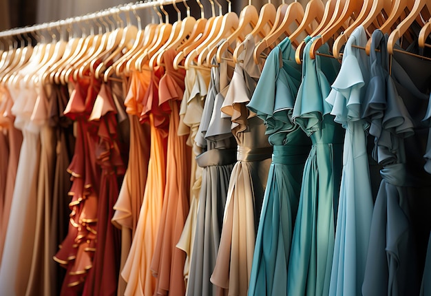 Stylish clothes on hangers displayed on a wardrobe rack in a clothing store