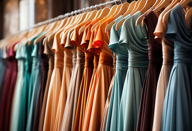Стильная одежда на вешалках выставлена на полке в магазине одежды