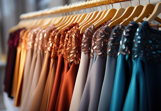 Stylish clothes on hangers displayed on a wardrobe rack in a clothing store