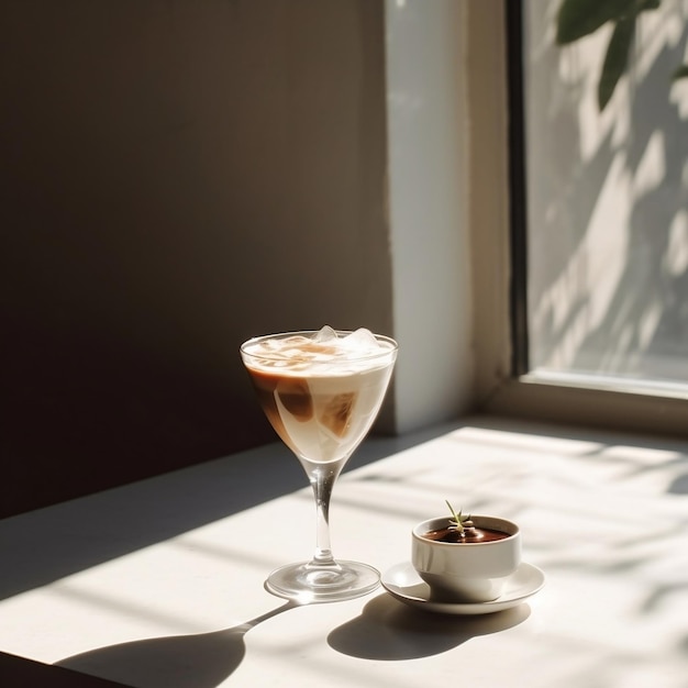 Стильный кофейный коктейль на белом столе в природе AI