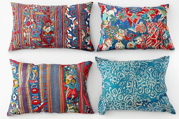 Stylish colorful pillows with various designs on a white background