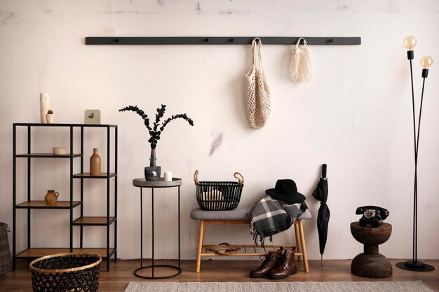 The Stylish Composition Of Cosy Entryway With Grey Bench Black Consola Hanger And Lamp Beige Wall Home Decor Template