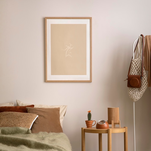 베이지색 침구와 목제 커피 테이블이 있는 아늑한 침실의 세련된 구성 목제 프레임이 있는 모의 포스터 홈 데코 템플릿