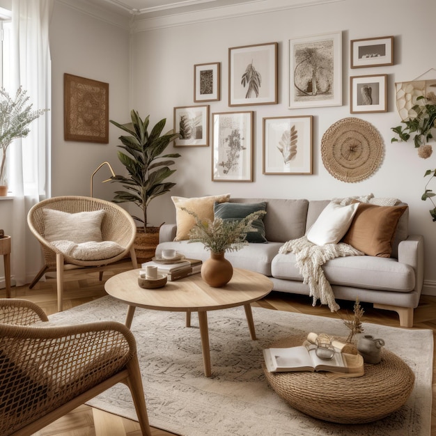 Photo stylish composition of cozy living room interior created with generative ai technology