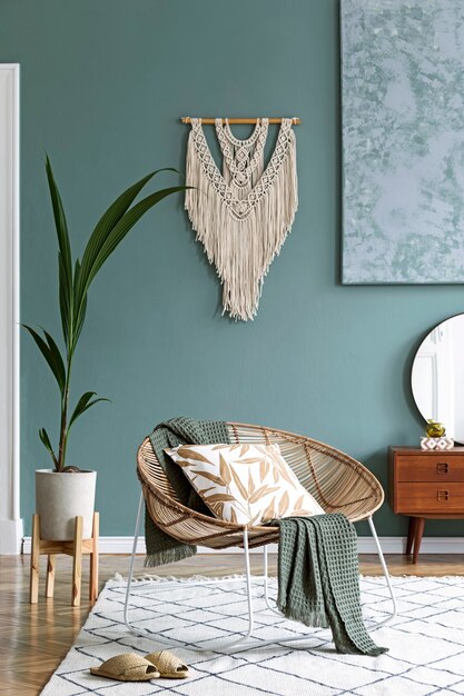 Stylish composition of creative and cozy living room interior with coffee table, rattan armchair, plants, carpet and beautiful boho accessories. Eucalyptus walls and parquet floor.