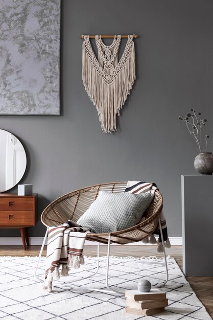 Stylish composition of creative and cozy living room interior with coffee table, rattan armchair, plants, carpet and beautiful boho accessories. Grey walls and parquet floor.