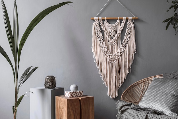 Stylish composition of creative and cozy living room with boho interior details and rattan armchair. Grey walls.