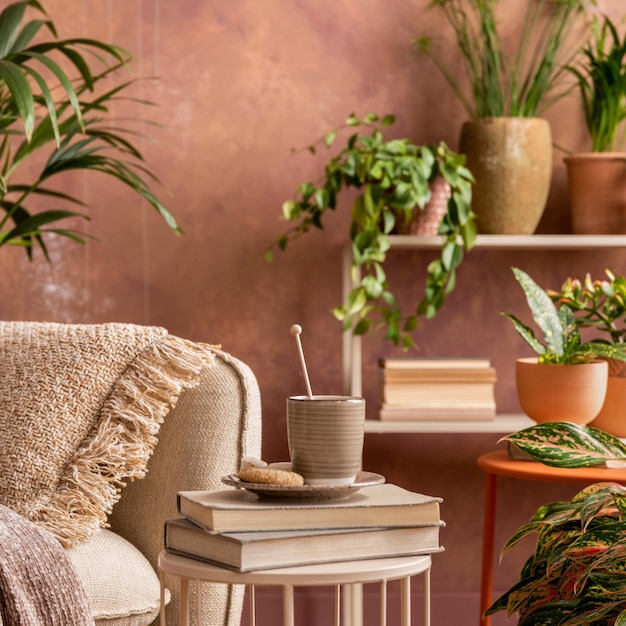 식물 베이지색 소파 커피 테이블과 세련된 액세서리가 있는 독창적인 넓은 거실 인테리어의 세련된 구성 아늑한 방의 식물 공간 갈색 벽 템플릿