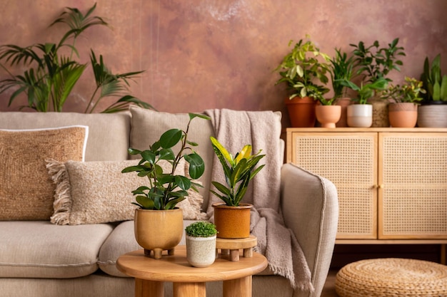 Stylish composition of creative spacious living room interior with plants sofa coffee table rattan chest of drawers and stylish accessories Botanical space of a cozy room Brown walls Template