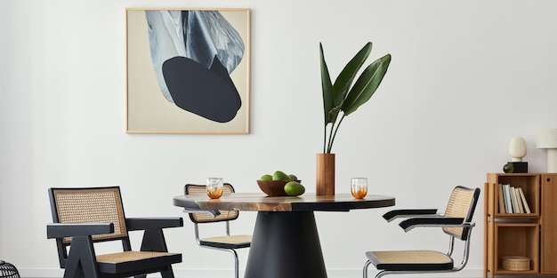 Stylish composition of dining room interior with design table
modern chairs decoration tropical leaf in vase fruits bookcase
abstract mock up paintings and elegant accessories in home
decor