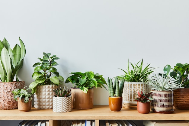 Stylish composition of home garden interior filled a lot of beautiful plants, cacti, succulents, air plant in different design pots. Home gardening concept Home jungle. Copy spcae. Template