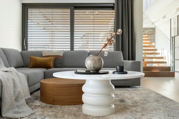 Стильная композиция интерьера гостиной с угловым бежевым диваном, журнальным столиком, ковром на полу и минималистичными аксессуарами. Шаблон.