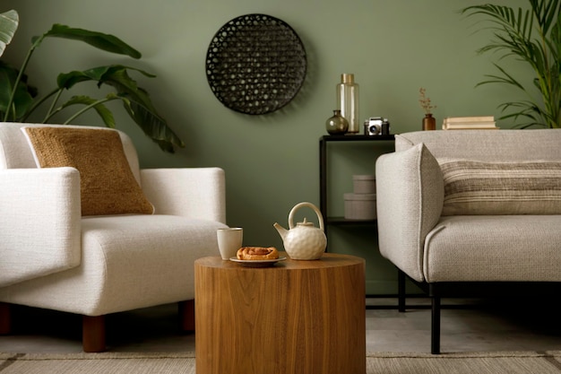 Stylish composition of living room interior with green wall\
grey sofa with grey pillow white armchair with brown pilow wooden\
coffe table with accessories black vase with green flower\
template